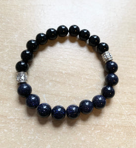 6.9” Starry bracelet- Blue Sanstone and Rainbow Obsidian bracelet with antiqued silver accents
