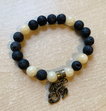 Load image into Gallery viewer, 6.8” SALE Dragon’s Life Bracelet - lava beads aromatherapy yellow aventurine and bronze dragon charm
