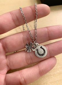 Luck with Luck Necklace- Stainless steel necklace with 4 leaf clover charm and circle horseshoe charm