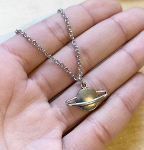 Saturn Necklace - planet Saturn charm with stainless steel chain