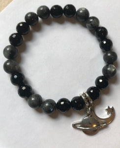 Astronomy Bracelet- Black Labradorite and Black Onyx with Saturn and moon star charm