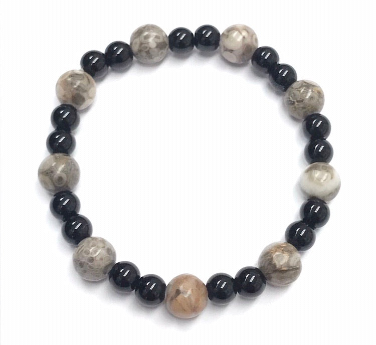 6.8” Maifanite 8mm beads and black agate 6mm beads Youth Bracelet