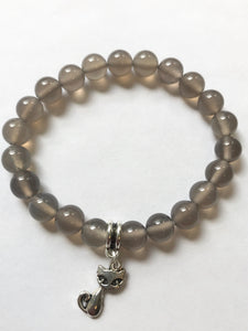 7.1” Superstitious Bracelet - gray Quartz with silver cat charm