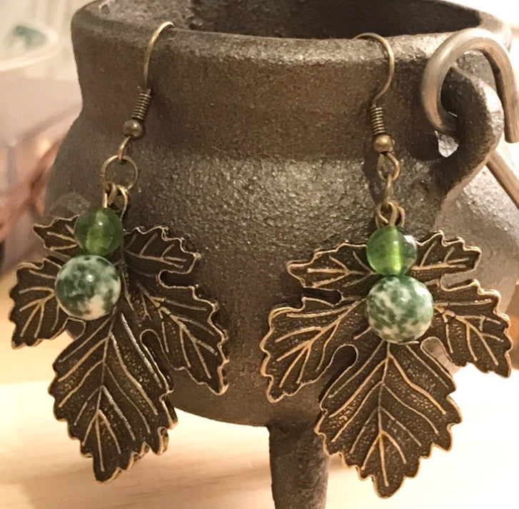 Large Leafy Earrings- bronze toned with green crystals