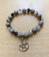 Load image into Gallery viewer, Mercury Pentacle Bracelet- black tourmalinated Quartz with silver druzy 8mm
