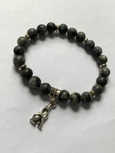 Load image into Gallery viewer, 7.5” Howling Wolf Bracelet- Black Labradorite with silver accents and wolf charm spirit animal bracelet *limited only 1 available*
