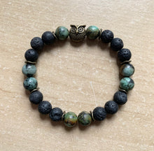 Load image into Gallery viewer, 6.9” bronze owl Bracelet- lava beads and 8mm African jasper beads
