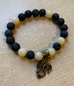 6.8” SALE Dragon’s Life Bracelet - lava beads aromatherapy yellow aventurine and bronze dragon charm