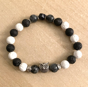 7.5” Night Life Owl Bracelet- lava beads aromatherapy