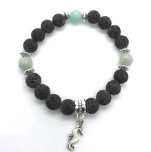 Load image into Gallery viewer, 7.1” Sea Quest Bracelet- seahorse charm with lava beads and sea sediment jasper
