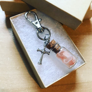 Pink Himalayan Salt in a Bottle and Cross Charm Keychain
