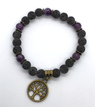 Load image into Gallery viewer, 7.9” Amethyst crystal beads with bronze Tree of Life charm Bracelet - Aromatherapy lava beads LIMITED *ONE LEFT*
