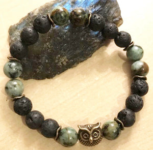 6.9” bronze owl Bracelet- lava beads and 8mm African jasper beads