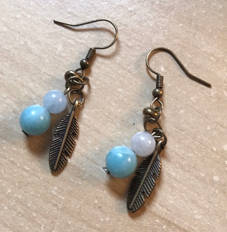 Pixie Feathers Earrings - bronze hooks and bronze feather charms with Amazonite and Aquamarine crystal charms