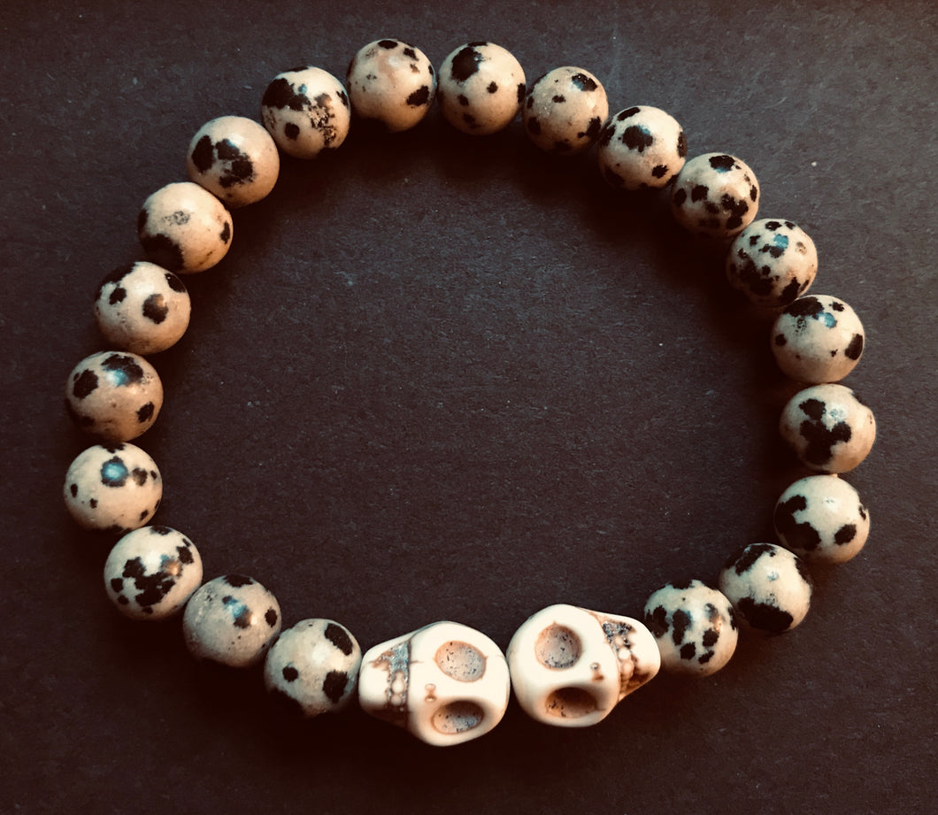 Twin Skull Bracelet - Dalmatian jasper and Howlite