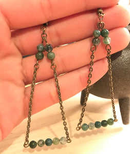 Bronze moss agate triangle dangle earrings with bronze hooks and rubber backs