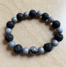 Load image into Gallery viewer, 7.1” Believe Bracelet- lava beads, metallic silver druzies, Tourmalinated Quartz *aromatherapy* only one left
