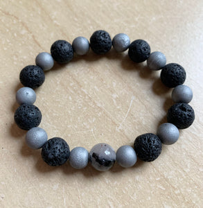 7.1” Believe Bracelet- lava beads, metallic silver druzies, Tourmalinated Quartz *aromatherapy* only one left