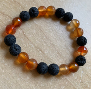 6.8” Faceted Carnelian Bracelet - Carnelian and Lava Beads aromatherapy *one left*