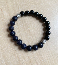 Load image into Gallery viewer, 6.9” Starry bracelet- Blue Sanstone and Rainbow Obsidian bracelet with antiqued silver accents
