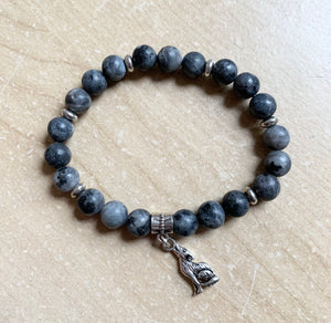 7.5” Howling Wolf Bracelet- Black Labradorite with silver accents and wolf charm spirit animal bracelet *limited only 1 available*