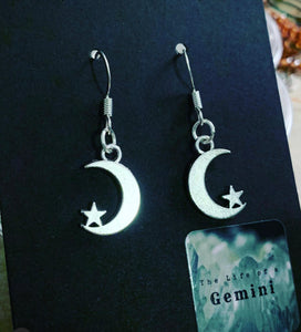 Moon and Star Earrings Hypoallergenic Silver Plated hooks