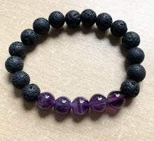Load image into Gallery viewer, 6.7” XSmall Amethyst Energy Bracelet- lava beads aromatherapy and amethyst
