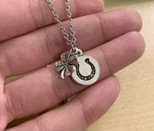 Load image into Gallery viewer, Luck with Luck Necklace- Stainless steel necklace with 4 leaf clover charm and circle horseshoe charm
