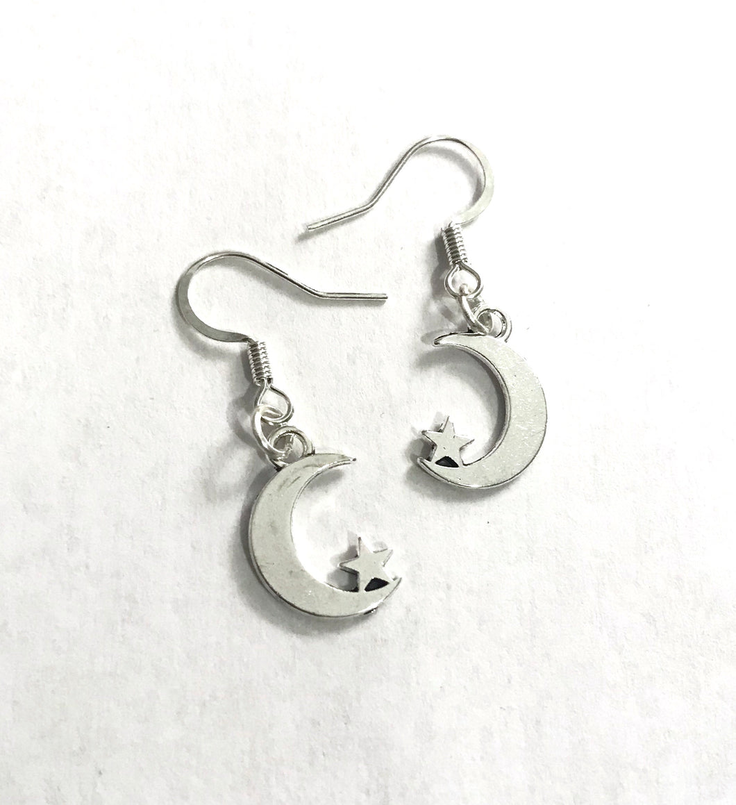 Moon and Star Earrings Hypoallergenic Silver Plated hooks