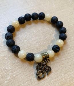 6.8” SALE Dragon’s Life Bracelet - lava beads aromatherapy yellow aventurine and bronze dragon charm