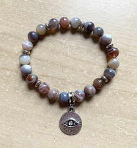 7.5” Botswana Agate Evil Eye charm bracelet